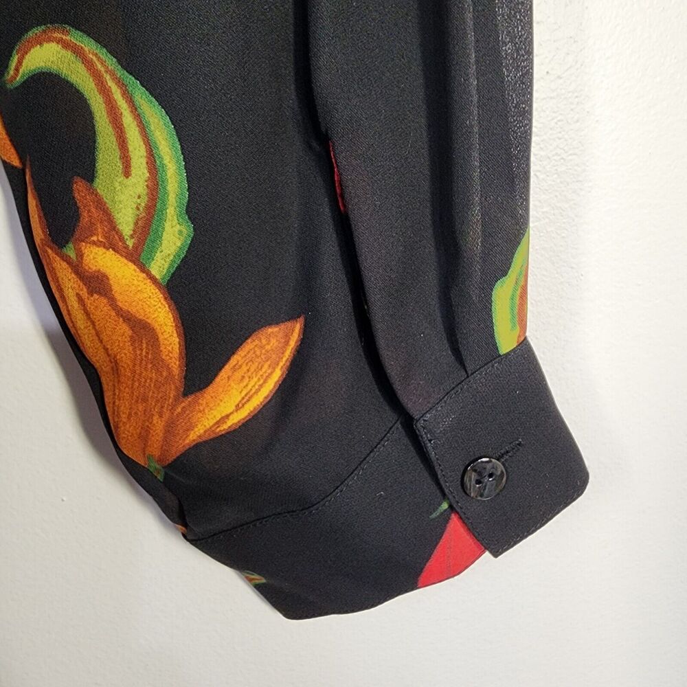 Chicos Design Top Sz 1 Medium 100% Silk Black Red Floral Sheer Vtg Button Tunic - Picture 7 of 9